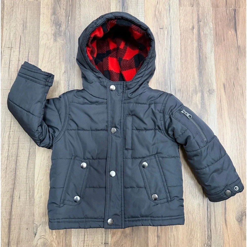 OshKosh B'gosh Toddler 18M Black Puffer Jacket Hooded Buffalo Plaid Lined